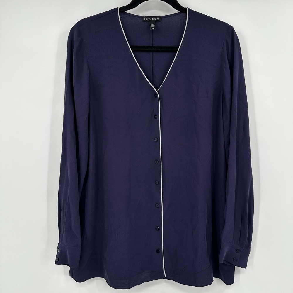 Eileen Fisher Indigo 100% Silk V-Neck Button Front Blouse Size‎ Small Minimalist